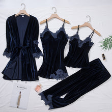 Load image into Gallery viewer, Lace Trimmed Velour 4-Pc Pajama Set
