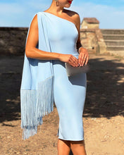 Load image into Gallery viewer, Sky Blue One-shoulder Fringed Cloak Dress
