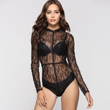 Load image into Gallery viewer, Sheer Lace Top Round Neck Bodysuit
