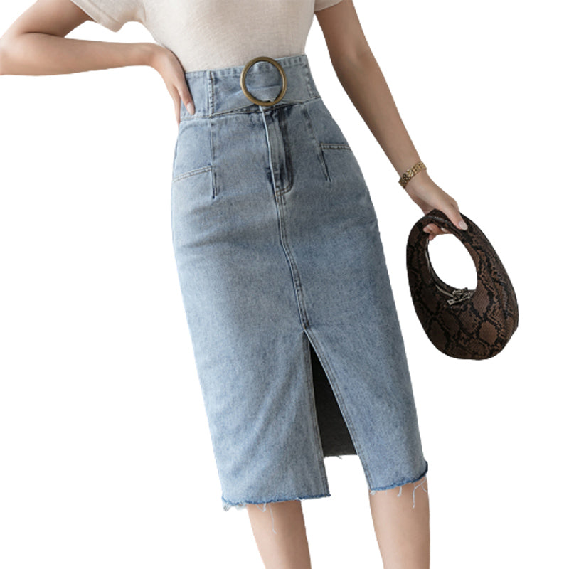 Long Denim  Skirt with Buckle Accent