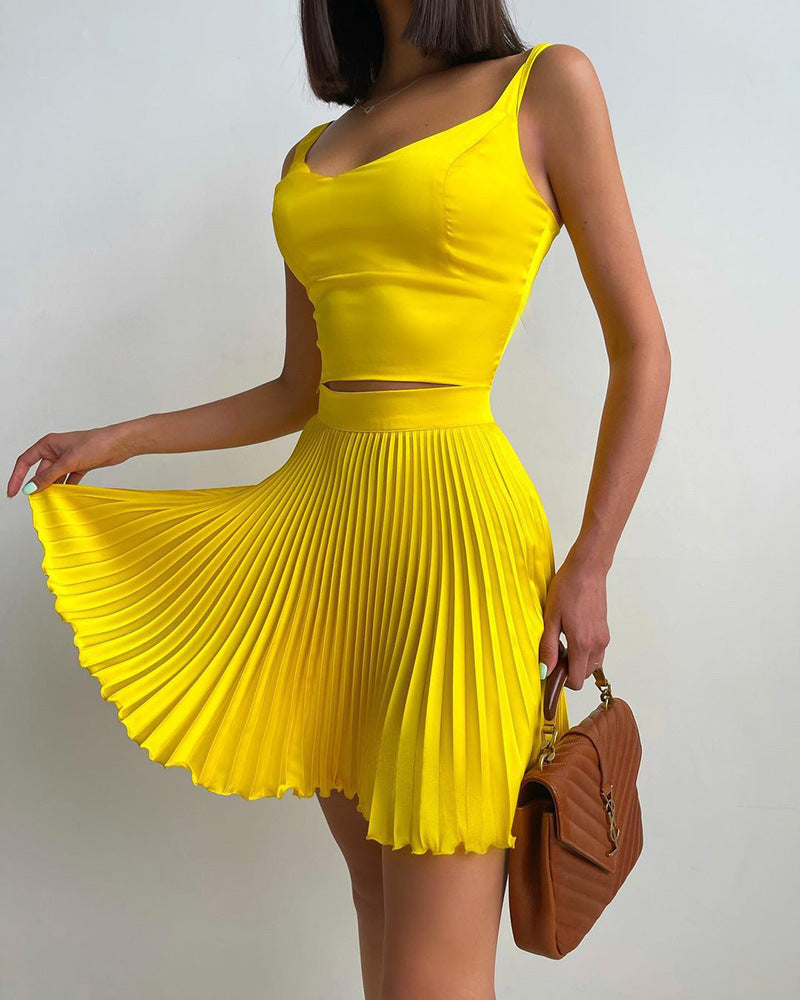 Yellow Satin Vest Pleated Skirt Suit