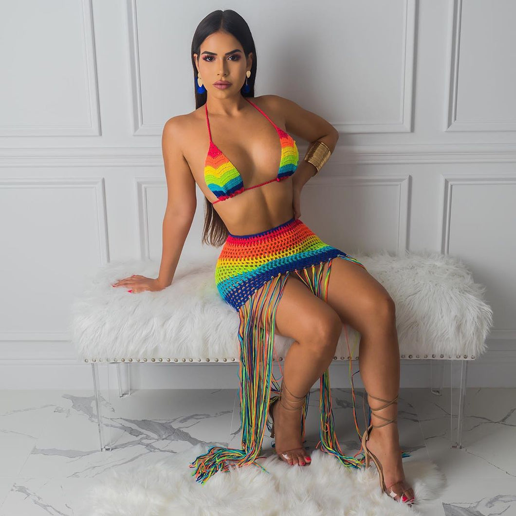 Rainbow Crochet Fringed 2 Piece Set