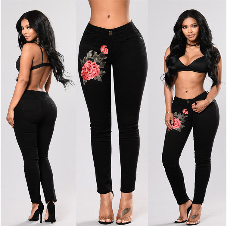 Flower Embroidered  Stretchy Jeans