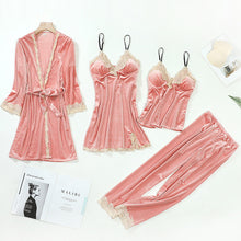 Load image into Gallery viewer, Lace Trimmed Velour 4-Pc Pajama Set
