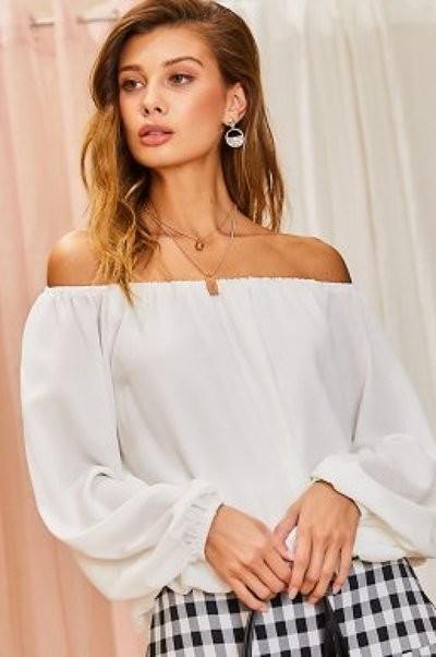 Off Shoulder Long Bubble Sleeve Solid Top