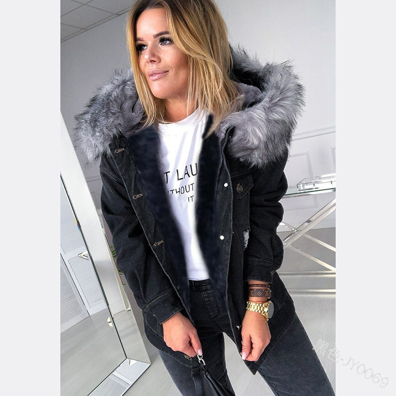 Large Fur Collared Denim Coat