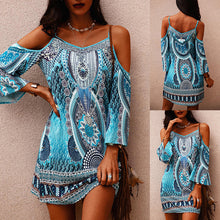 Load image into Gallery viewer, Off-the-shoulder Spaghetti Strap Aqua Psychedelic Dress
