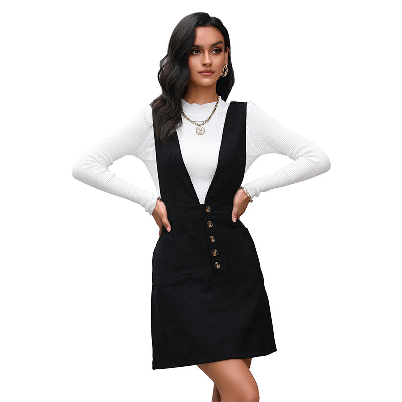 Corduroy Vest Style Black Dress