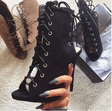 Gladiator Peep Toe Suede Laced Ankle Boots