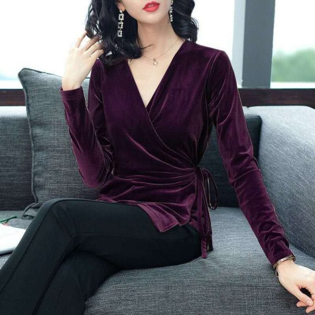 Sashed V Neck Velour Top