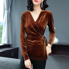 Load image into Gallery viewer, Sashed V Neck Velour Top
