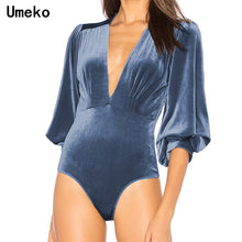 Load image into Gallery viewer, Velour Deep V Neck Lantern Sleeve Bodysuit
