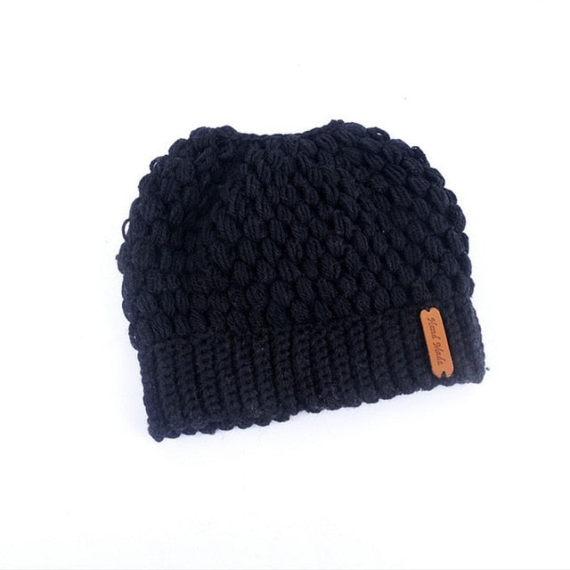 Winter Knitted Stretchy Ponytail Beanie Cap