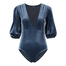 Load image into Gallery viewer, Velour Deep V Neck Lantern Sleeve Bodysuit
