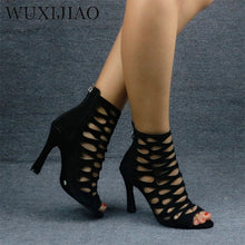 Load image into Gallery viewer, Mesh Suede Cross Strap Heeled Sandals
