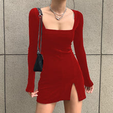 Load image into Gallery viewer, Velour Long Sleeve Dress with Hip Slit
