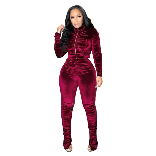 Velour Rusched Zippered Tracksuit