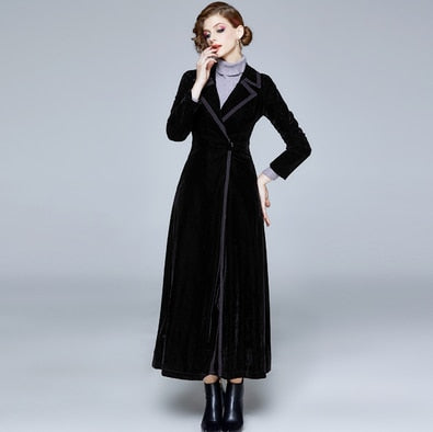 Designer Vintage Notched Collar Velvet Maxi Coat