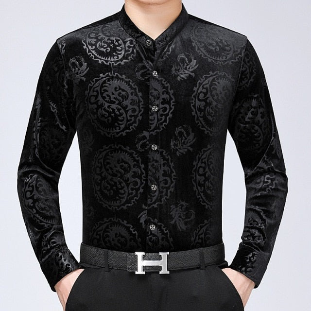 Dragon Patterned Velour Long Sleeve Shirt