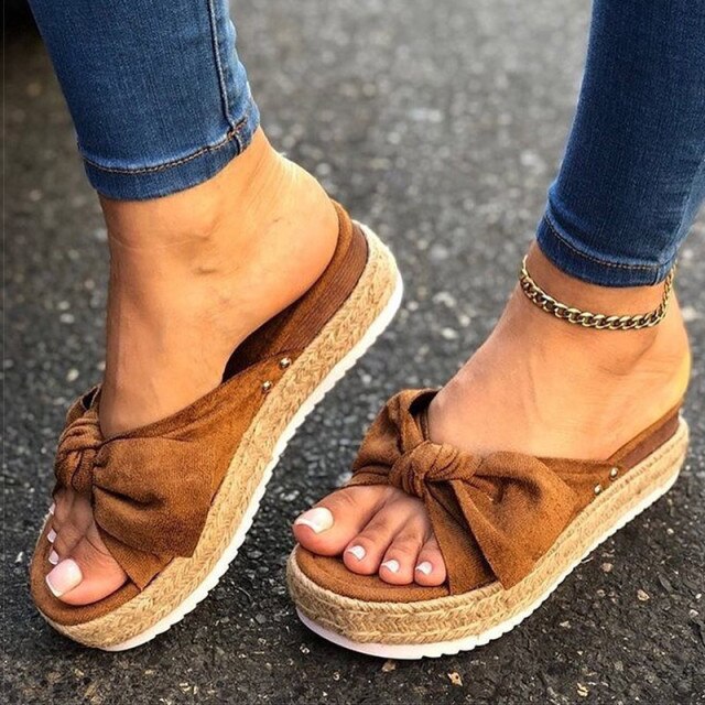 Low Wedged  With Bow Accent Suede Sandals