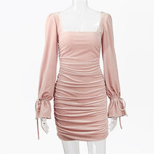 Load image into Gallery viewer, Pink Flared Sleeved  Velour Rusched  Dress
