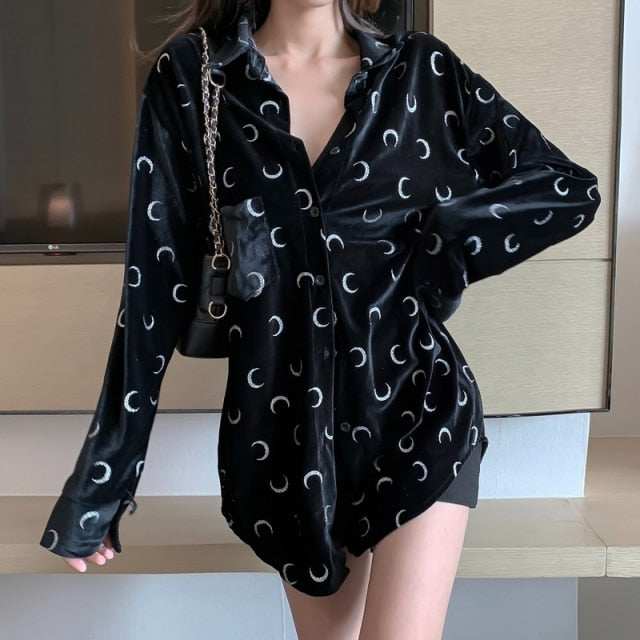 Velour Loose Fit Black Blouse