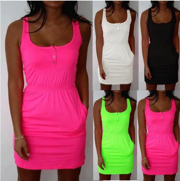 Neon Cotton Elastic Waist Mini Dress