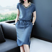 Load image into Gallery viewer, V-neck Denim Dress with Elastic  Band Waist
