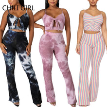 Load image into Gallery viewer, Tie Dye  Backless Spaghetti Strap Ribbed Flare Pants Set
