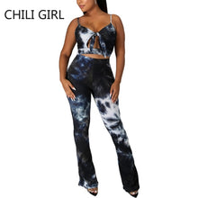 Load image into Gallery viewer, Tie Dye  Backless Spaghetti Strap Ribbed Flare Pants Set
