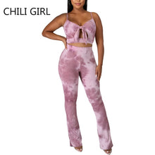 Load image into Gallery viewer, Tie Dye  Backless Spaghetti Strap Ribbed Flare Pants Set
