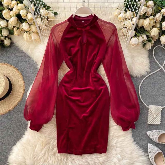 Sheer Lantern Sleeve Elegant Velour Dress