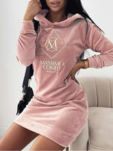 Load image into Gallery viewer, Velour Embroidered Long Sleeve Hooded Sweatshirt Dress
