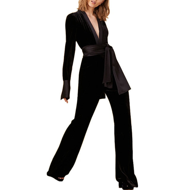 Velvet Deep V Neck 2 pc Suit with Satin Sash